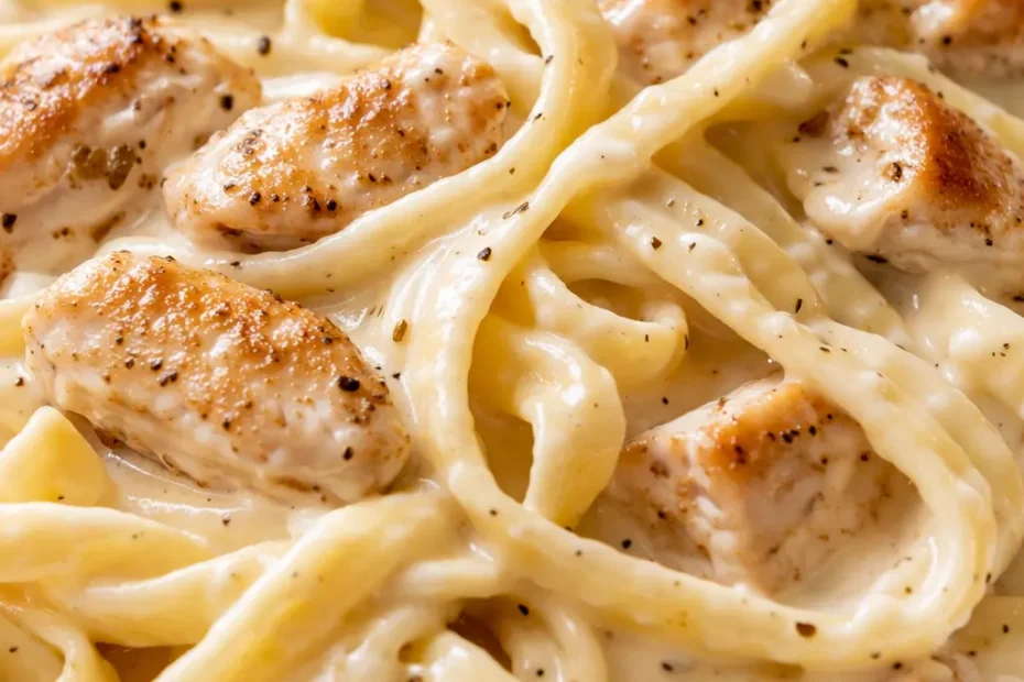 Creamy chicken alfredo with tender chicken strips and fettuccine in a rich parmesan sauce, garnished with fresh parsley.