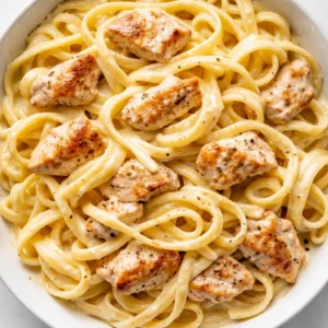 Fettuccine pasta and chicken pieces simmering in a creamy alfredo sauce in a skillet, white sauce coating each strand