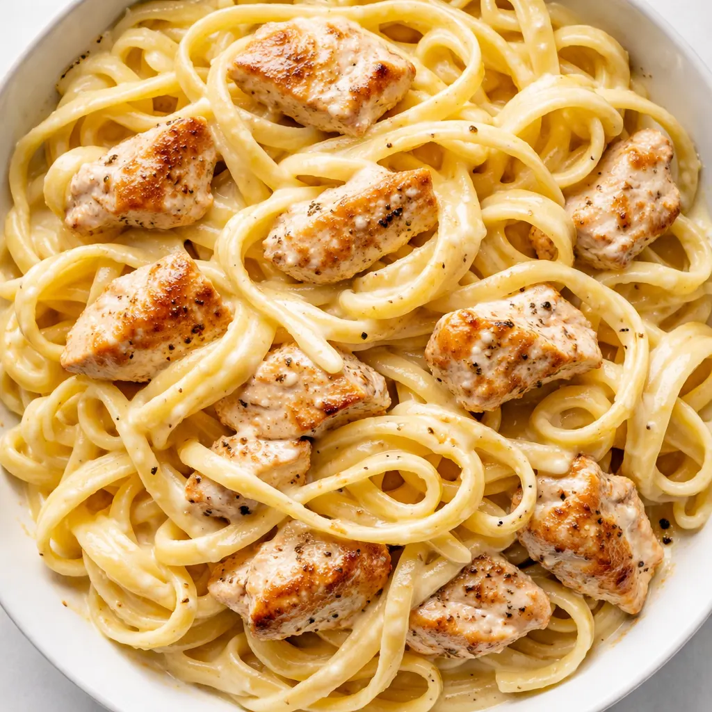 Fettuccine pasta and chicken pieces simmering in a creamy alfredo sauce in a skillet, white sauce coating each strand