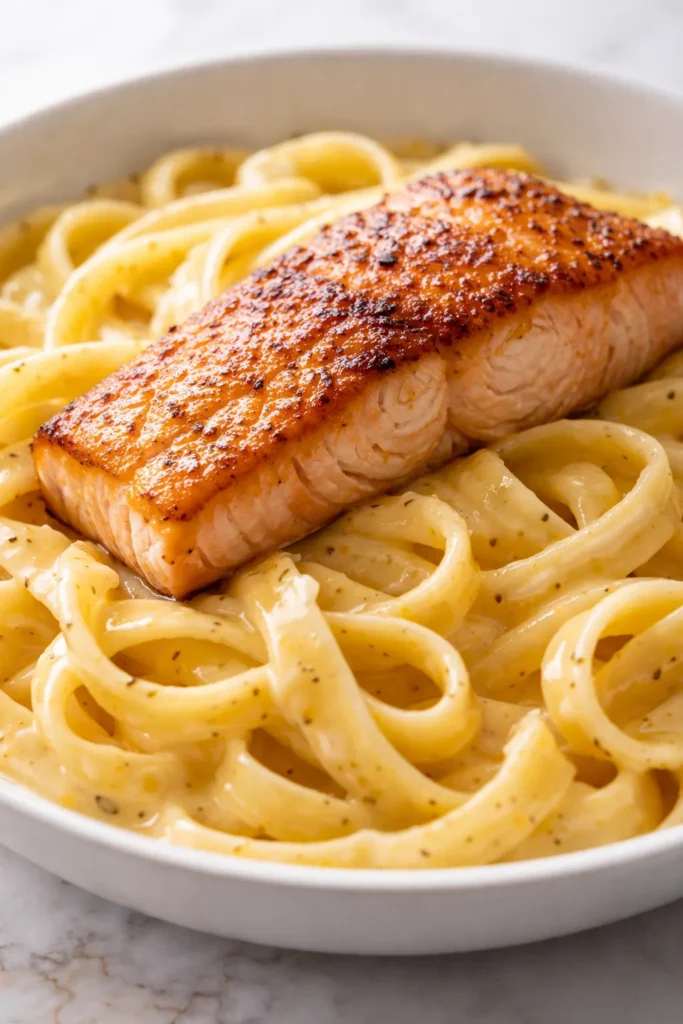 Creamy garlic butter salmon pasta with a perfectly seared salmon fillet and al dente pasta in a rich, velvety sauce, garnished with fresh parsley and a sprinkle of black pepper.