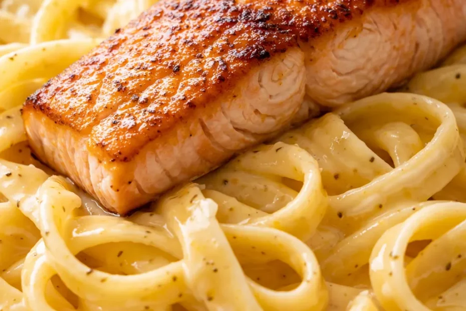Creamy garlic butter salmon pasta with a perfectly seared salmon fillet and al dente pasta in a rich, velvety sauce, garnished with fresh parsley and a sprinkle of black pepper.