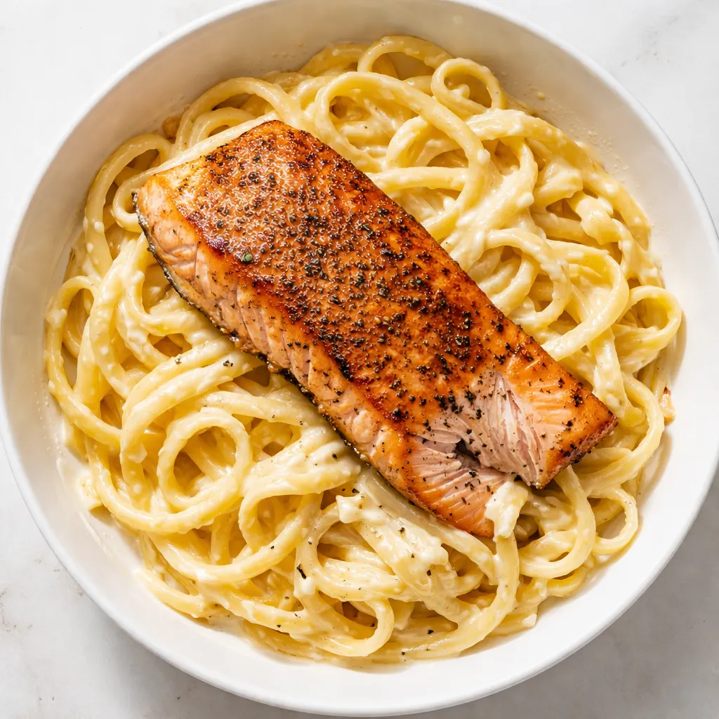Creamy garlic butter salmon pasta with golden salmon fillets and a rich, velvety sauce, garnished with fresh parsley and grated parmesan cheese.