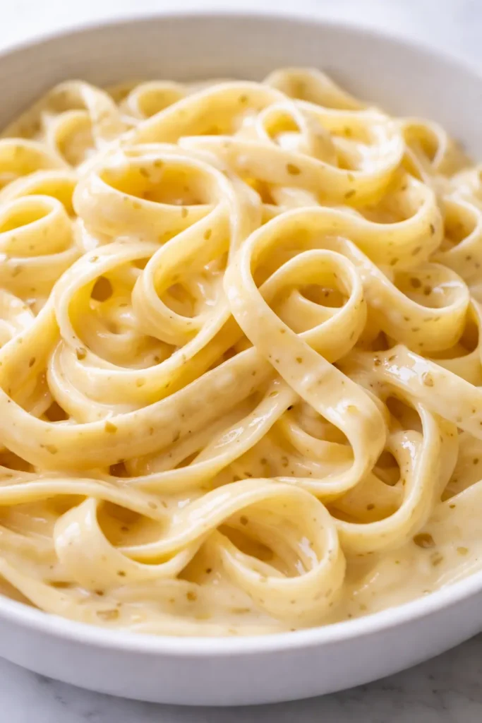 Plated creamy garlic tagliatelle with glossy sauce, fresh parsley, and shaved parmesan on a white plate.