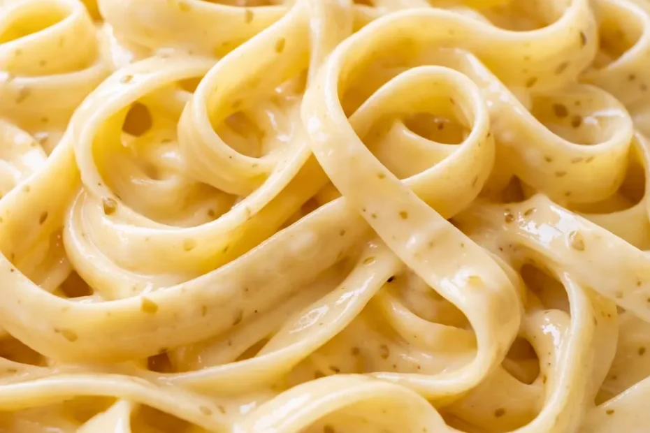 Plated creamy garlic tagliatelle with glossy sauce, fresh parsley, and shaved parmesan on a white plate.