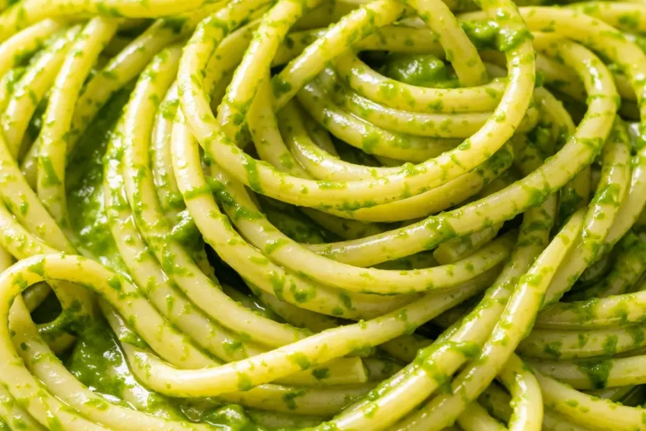 A bowl of creamy green sauce pasta with vibrant spinach-basil sauce, garnished with cherry tomatoes and Parmesan, showcasing its velvety texture.