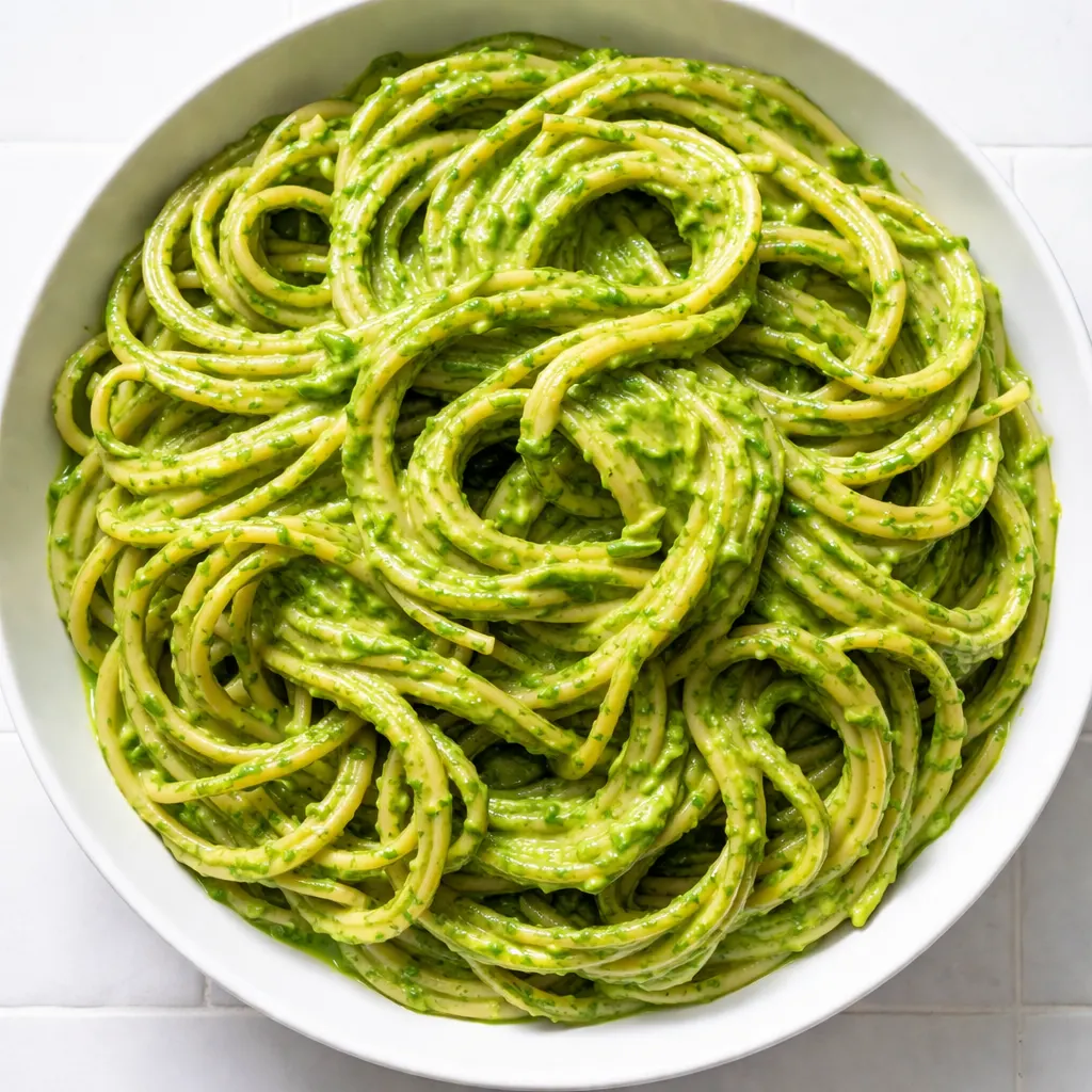 Blending fresh herbs and cream into a vibrant green sauce for creamy pasta, showing the smooth texture and bright color.