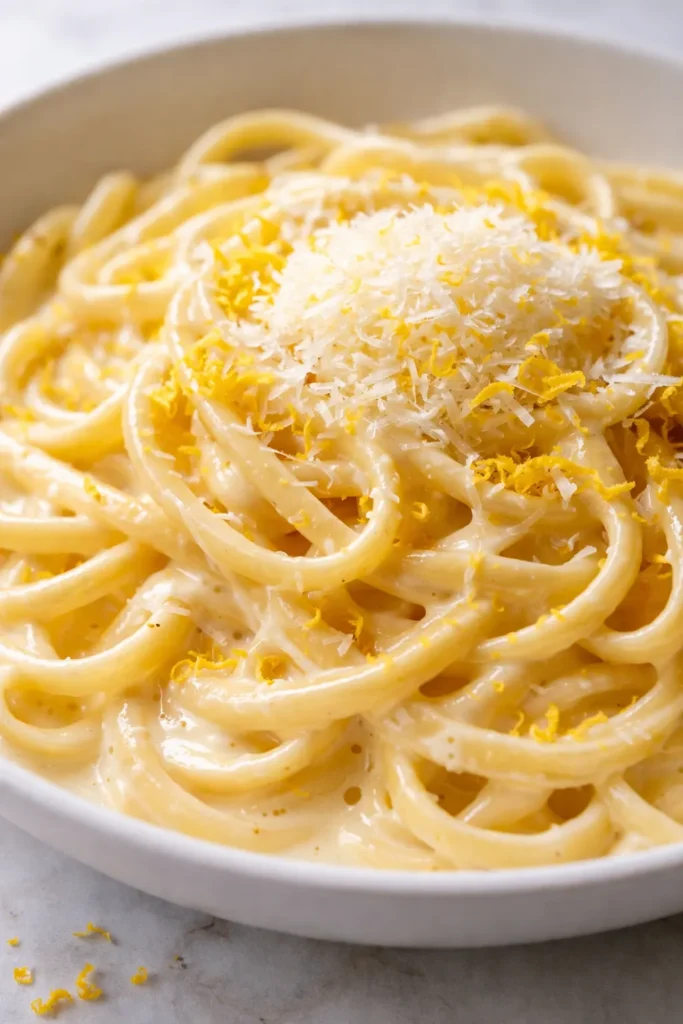 Creamy lemon pasta al dente spaghetti with glossy, pale yellow sauce and fresh parsley flakes on a white plate