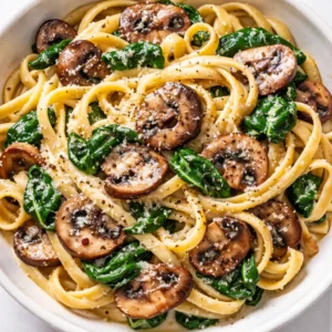 Sautéed mushrooms and garlic sizzling in olive oil, golden brown, for creamy mushroom spinach pasta recipe.