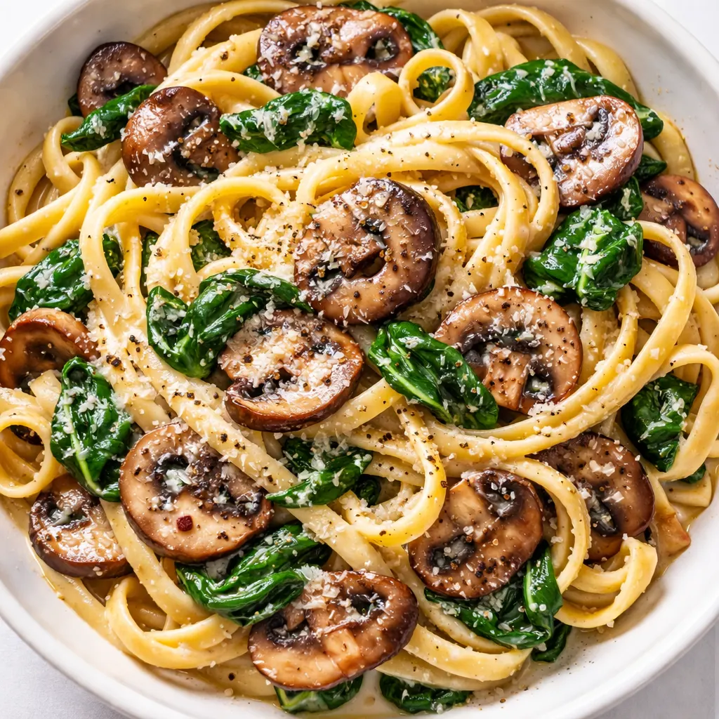 Sautéed mushrooms and garlic sizzling in olive oil, golden brown, for creamy mushroom spinach pasta recipe.