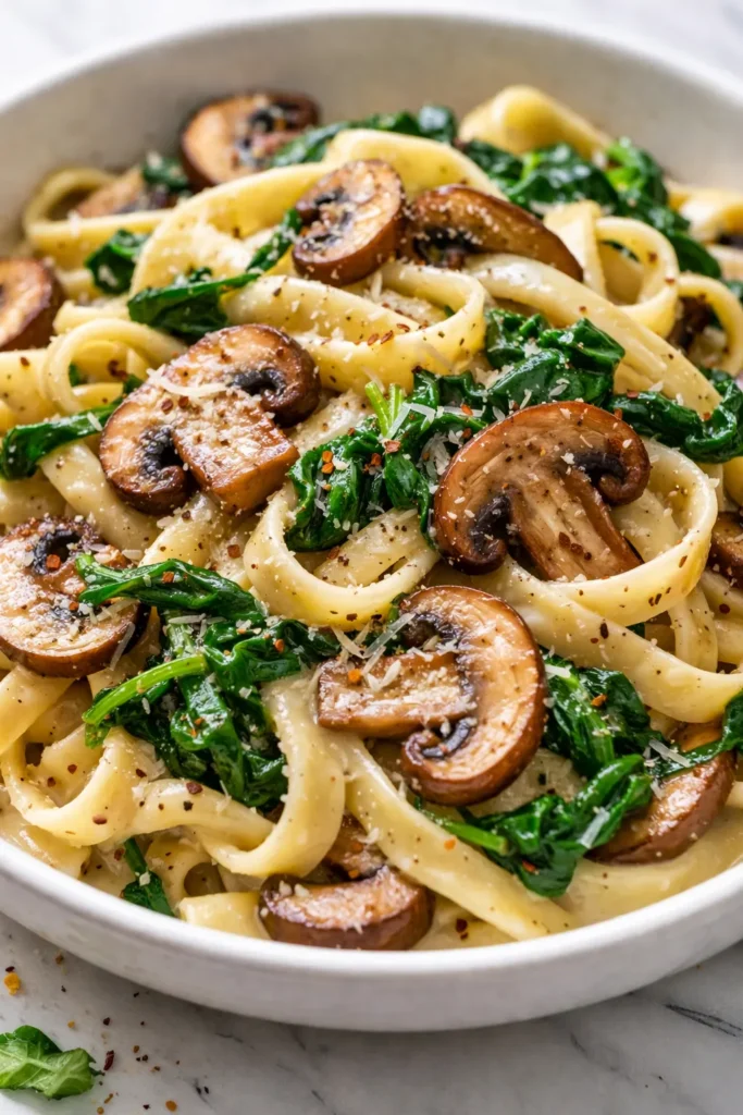 Creamy mushroom spinach pasta with vibrant green spinach and earthy mushrooms in a rich, velvety sauce, garnished with Parmesan.