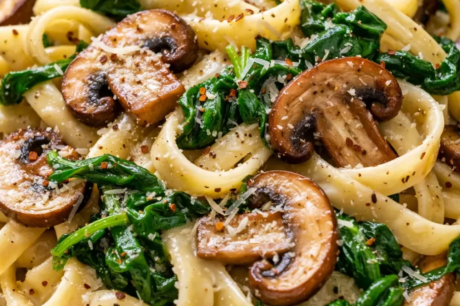 Creamy mushroom spinach pasta with vibrant green spinach and earthy mushrooms in a rich, velvety sauce, garnished with Parmesan.