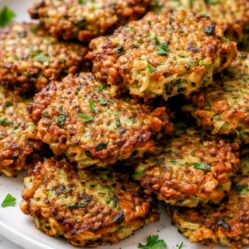 Golden brown, crisp zucchini fritters with delicate lacy edges, showcasing a crunchy texture and vibrant green flecks.