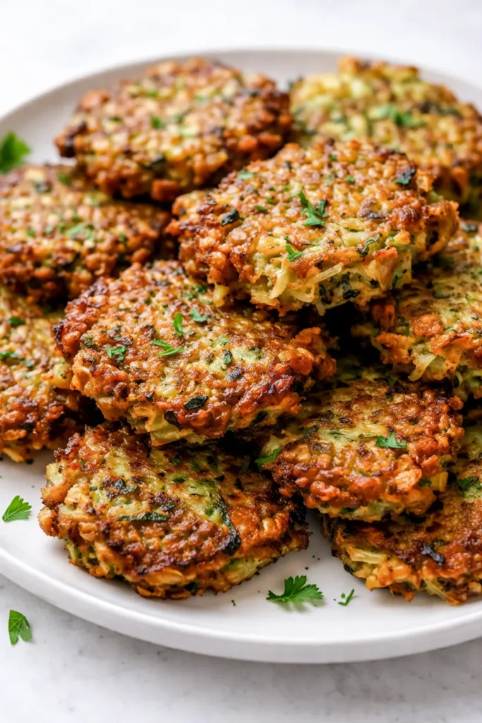 Golden brown, crisp zucchini fritters with delicate lacy edges, showcasing a crunchy texture and vibrant green flecks.