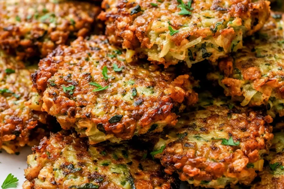 Golden brown, crisp zucchini fritters with delicate lacy edges, showcasing a crunchy texture and vibrant green flecks.
