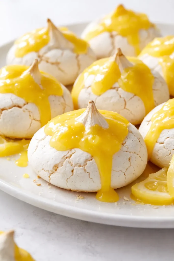 Shatteringly crisp mini meringues with silky lemon curd, golden peaks and glossy yellow curd.