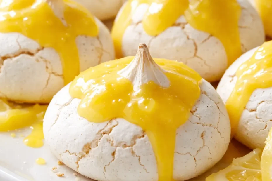 Shatteringly crisp mini meringues with silky lemon curd, golden peaks and glossy yellow curd.