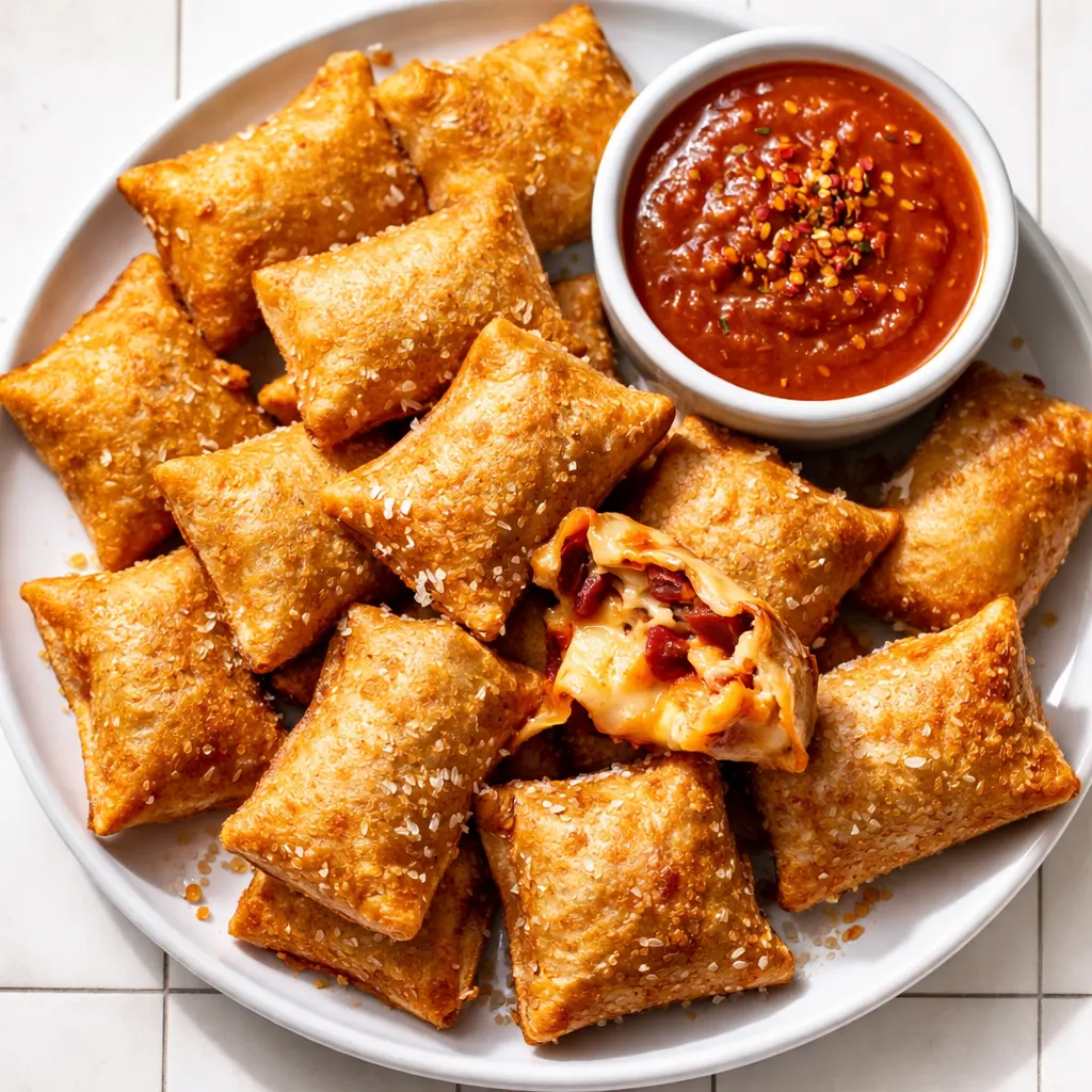 Crispy air fryer pizza rolls with golden brown exterior and melted cheese, perfectly cooked in 8 minutes.