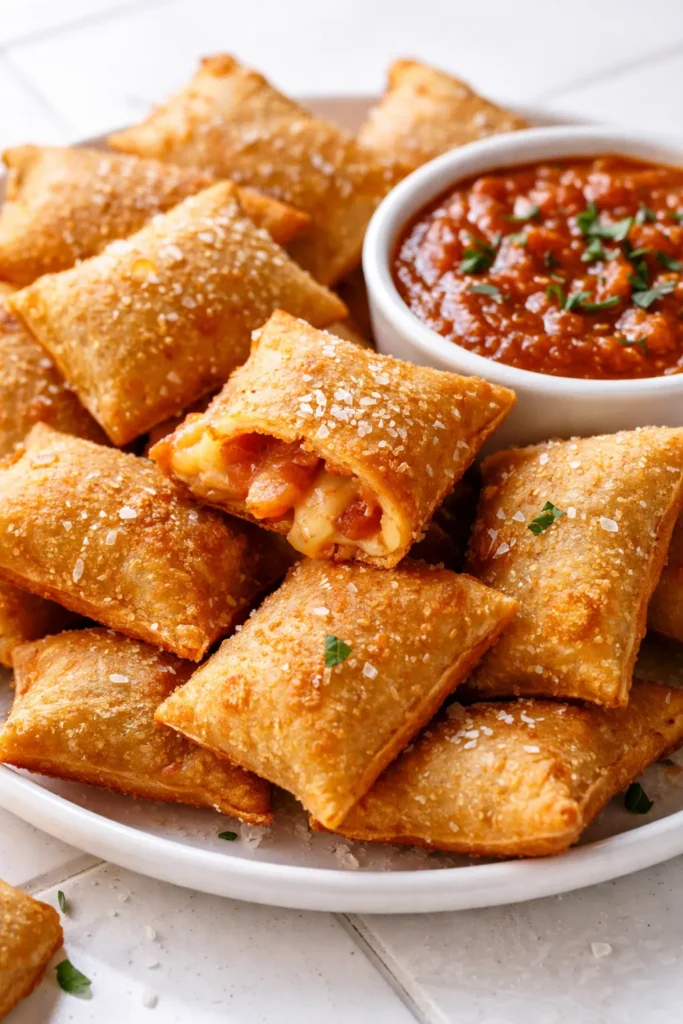 Golden brown crispy air fryer pizza rolls arranged on a plate, showing flaky exterior with melted cheese visible, ready in 8 minutes.