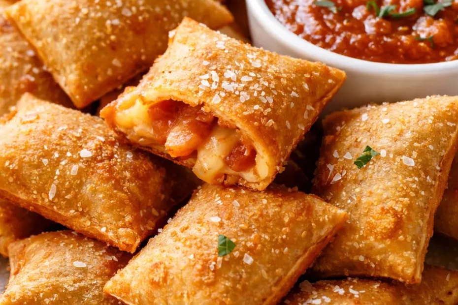 Golden brown crispy air fryer pizza rolls arranged on a plate, showing flaky exterior with melted cheese visible, ready in 8 minutes.