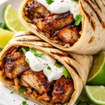 Golden brown grilled chicken wraps with crispy tortilla, filled with juicy chicken and colorful vegetables on a plate.