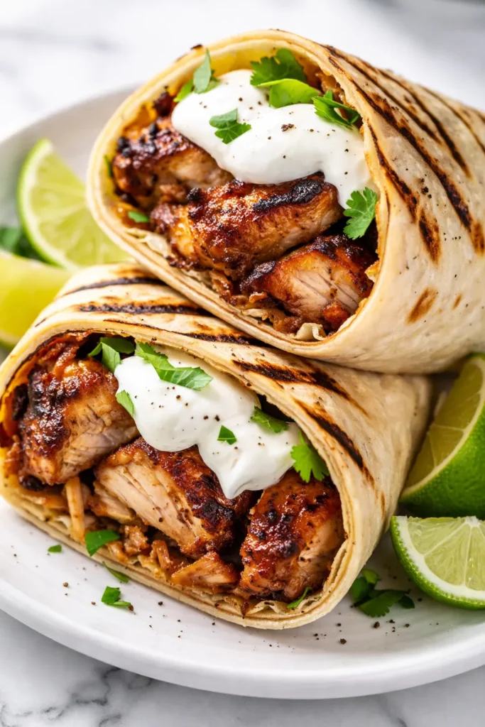 Golden brown grilled chicken wraps with crispy tortilla, filled with juicy chicken and colorful vegetables on a plate.