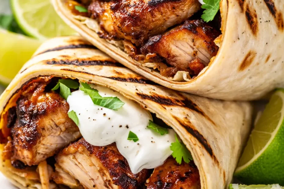 Golden brown grilled chicken wraps with crispy tortilla, filled with juicy chicken and colorful vegetables on a plate.