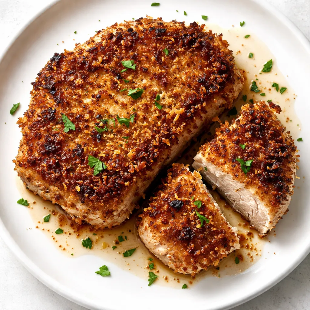 Crispy parmesan crusted pork chops with a golden brown, crunchy coating, not greasy, and juicy inside.