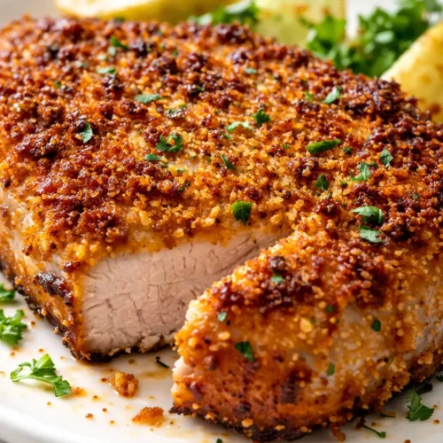 Crispy parmesan crusted pork chops with golden brown coating and juicy interior on a plate with fresh herbs.