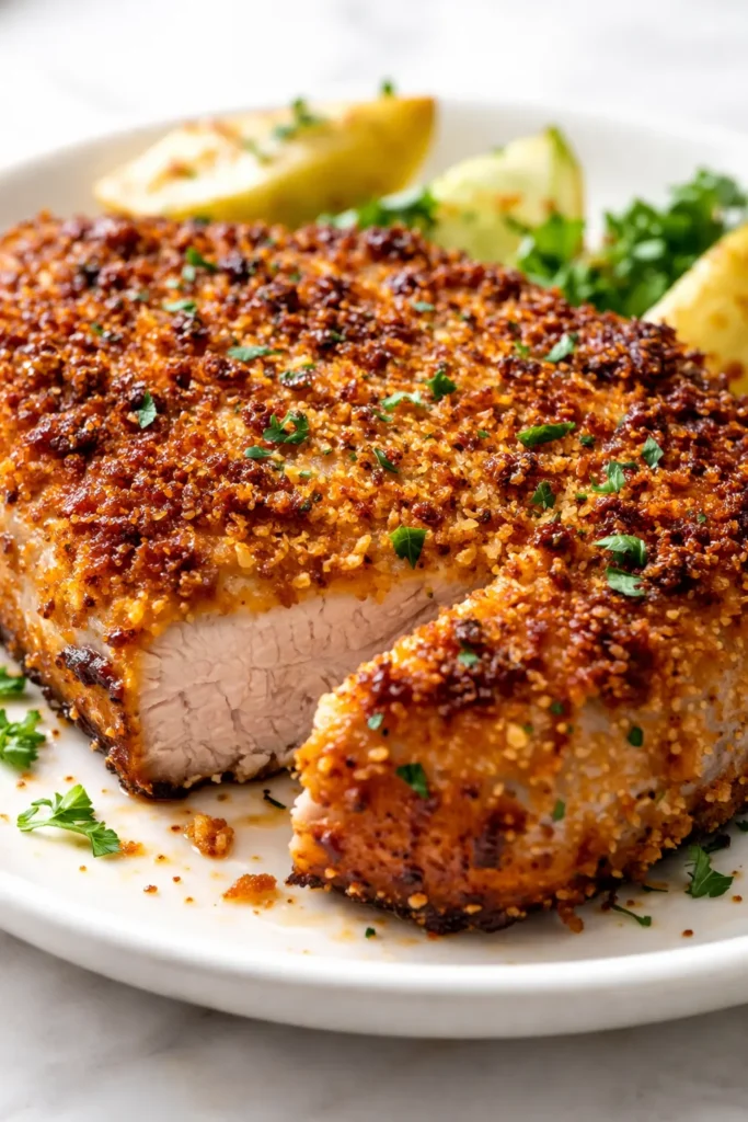 Crispy parmesan crusted pork chops with golden brown coating and juicy interior on a plate with fresh herbs.