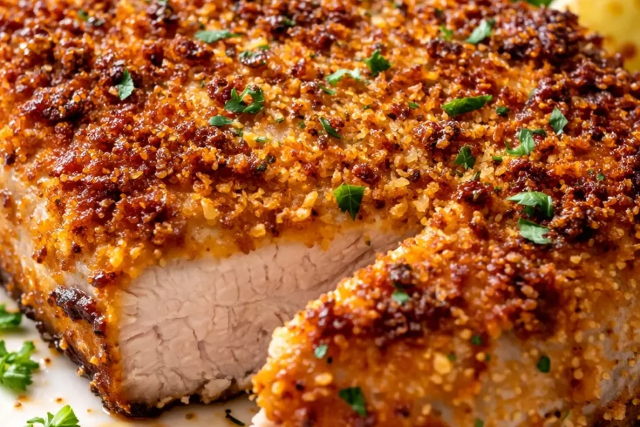 Crispy parmesan crusted pork chops with golden brown coating and juicy interior on a plate with fresh herbs.
