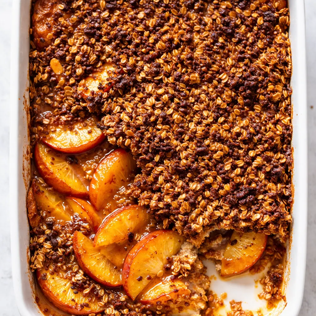 Baking shatteringly crispy peach crisp with brown butter topping, golden and crunchy texture.