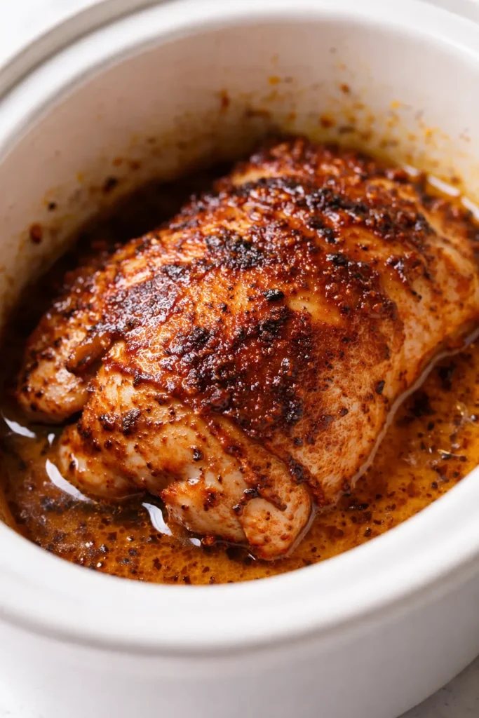 Creamy Crockpot Cajun butter chicken in a white bowl, rich orange sauce with herbs, smooth and creamy texture.