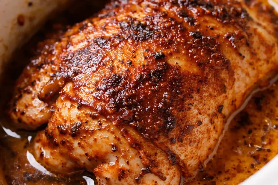 Creamy Crockpot Cajun butter chicken in a white bowl, rich orange sauce with herbs, smooth and creamy texture.