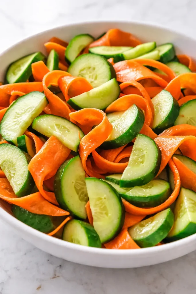 Crisp cucumber and carrot salad with tangy dressing, showcasing crunchy texture from salting step.