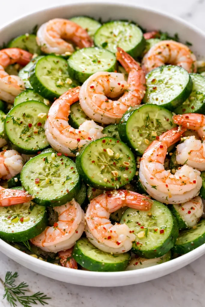 Crisp cucumber slices, plump shrimp, and creamy dressing in a bowl, showcasing a non-soggy salad with vibrant green and pink hues.