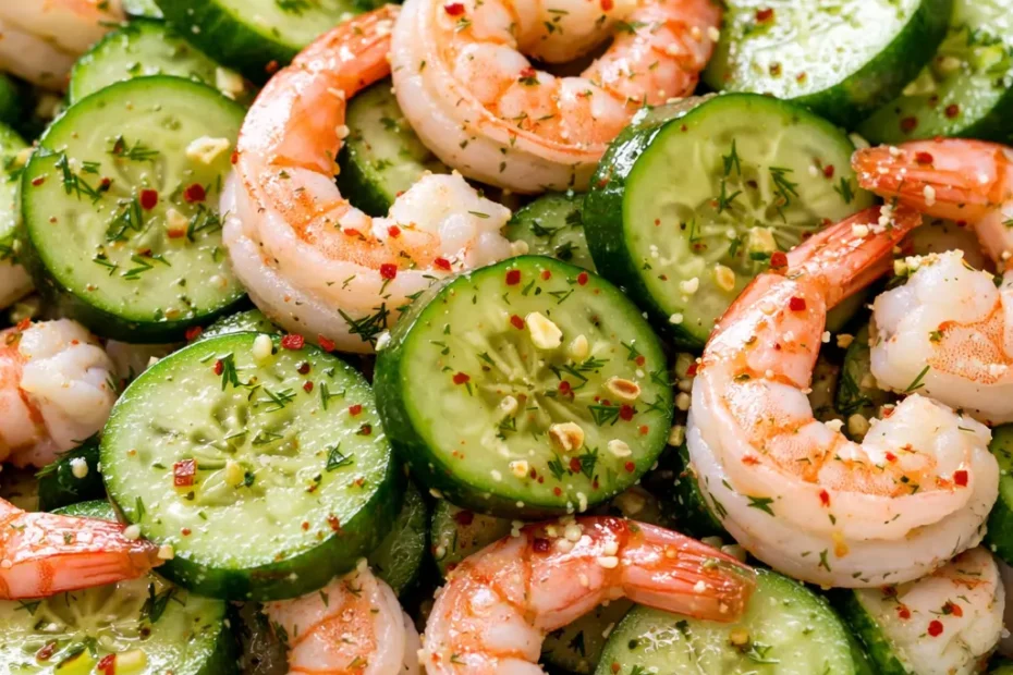 Crisp cucumber slices, plump shrimp, and creamy dressing in a bowl, showcasing a non-soggy salad with vibrant green and pink hues.