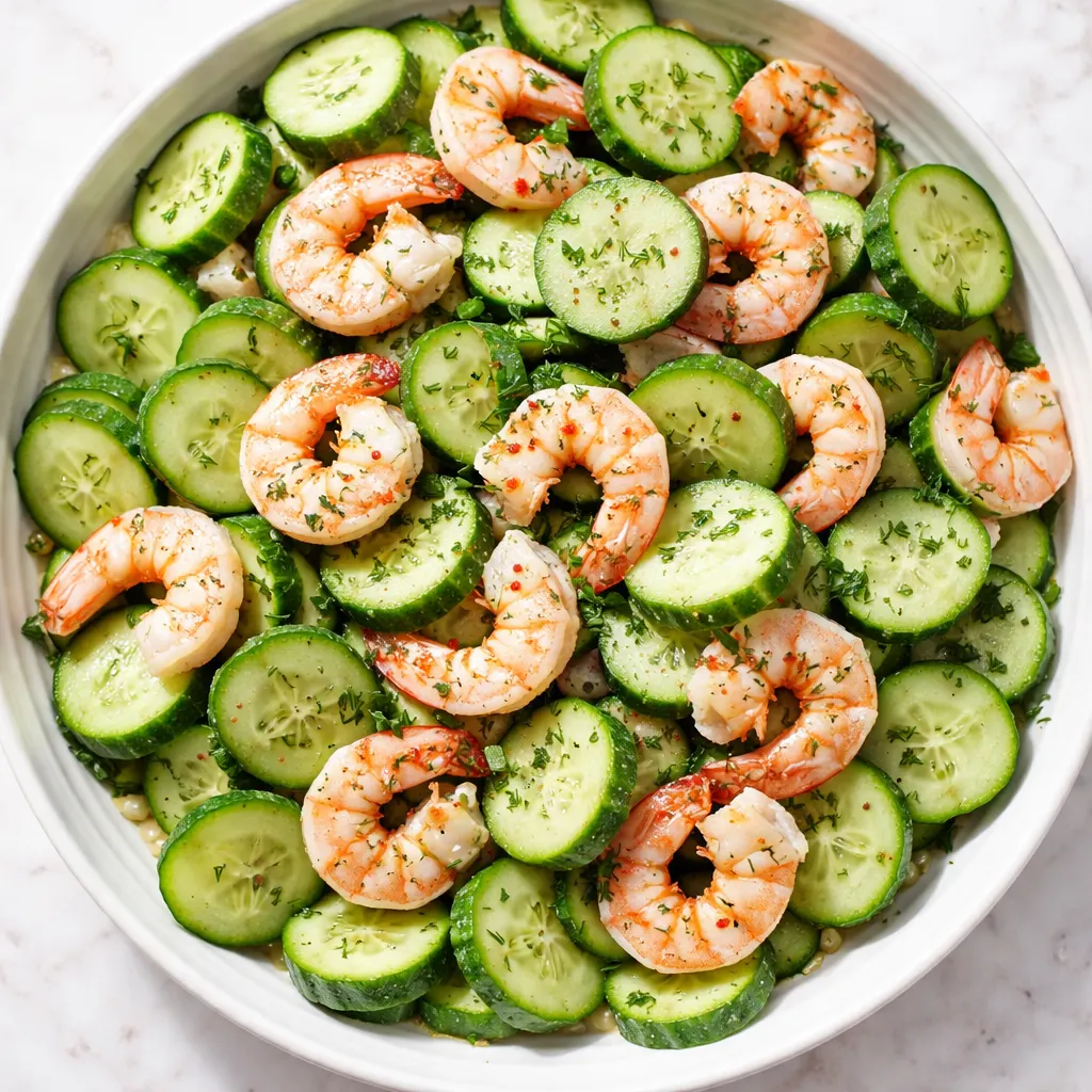 Crisp cucumber slices and pink shrimp tossed in a creamy dressing, highlighting the fresh texture and no sogginess.