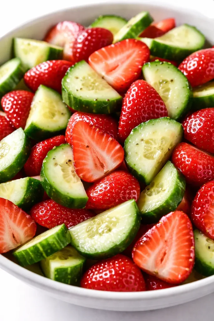Fresh cucumber strawberry salad with vibrant green cucumber slices and red strawberries, crunchy texture, sweet and refreshing