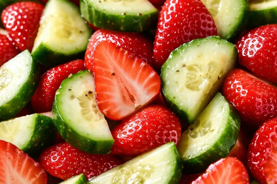 Fresh cucumber strawberry salad with vibrant green cucumber slices and red strawberries, crunchy texture, sweet and refreshing