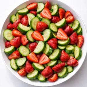 Fresh cucumber slices and ripe strawberry halves in a glass bowl, sprinkled with herbs and a drizzle of honey-lime dressing, capturing the crunchy and sweet salad in progress.