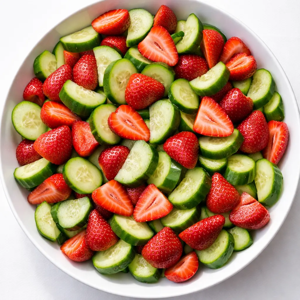 Fresh cucumber slices and ripe strawberry halves in a glass bowl, sprinkled with herbs and a drizzle of honey-lime dressing, capturing the crunchy and sweet salad in progress.