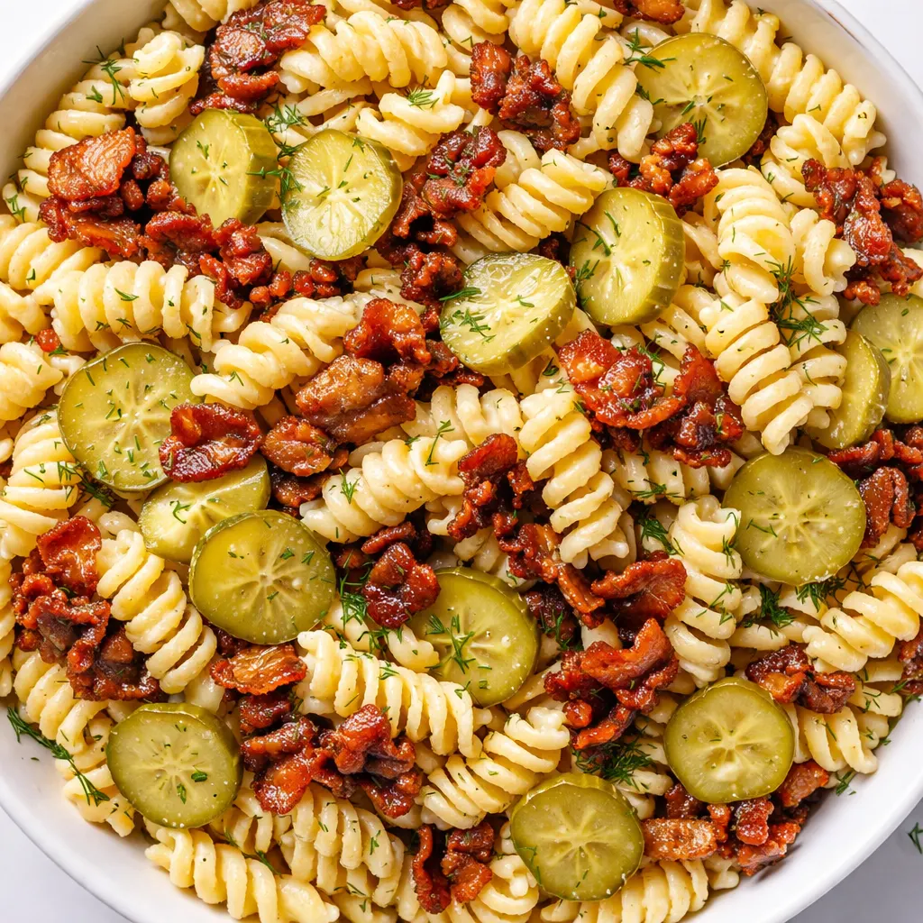 Bowl of creamy dill pickle bacon pasta salad with crumbled bacon, pickle slices, and elbow macaroni in a tangy dressing.