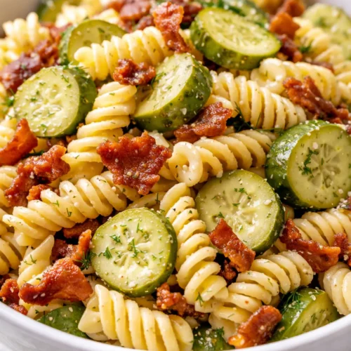 Creamy dill pickle bacon pasta salad with crunchy bacon bits, tender elbow macaroni, and tangy pickle chunks in a rich dressing.