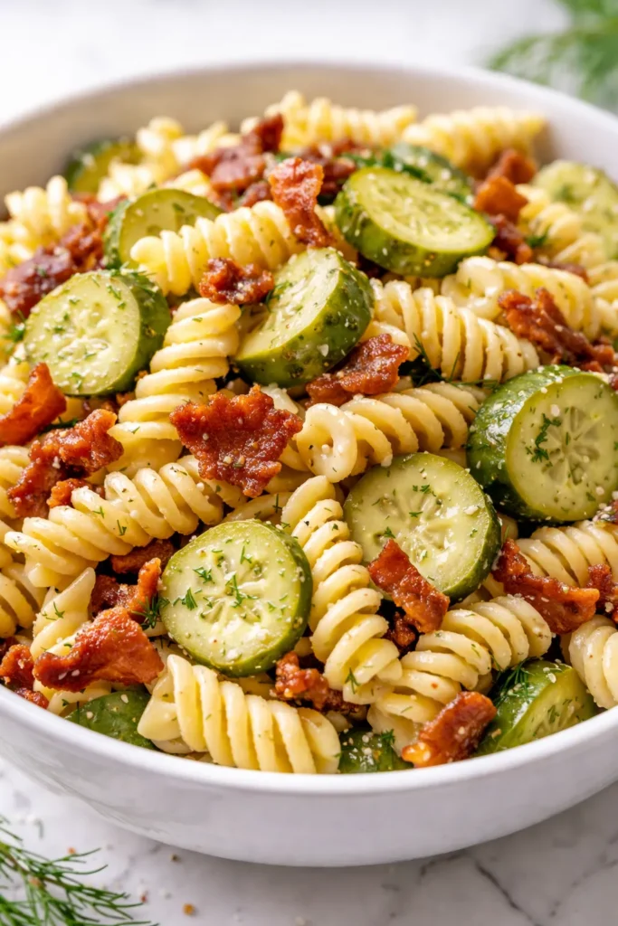 Creamy dill pickle bacon pasta salad with crunchy bacon bits, tender elbow macaroni, and tangy pickle chunks in a rich dressing.