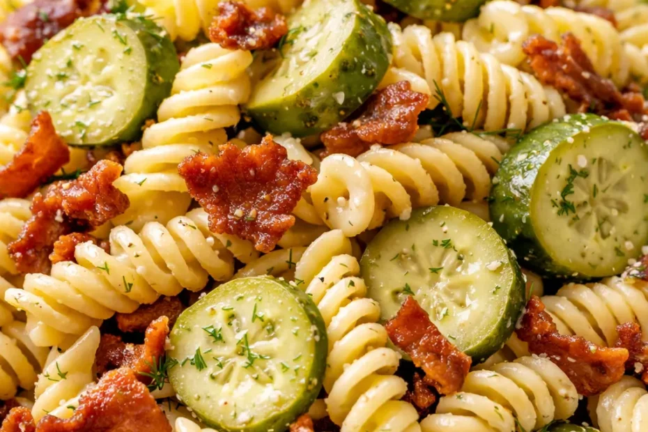 Creamy dill pickle bacon pasta salad with crunchy bacon bits, tender elbow macaroni, and tangy pickle chunks in a rich dressing.