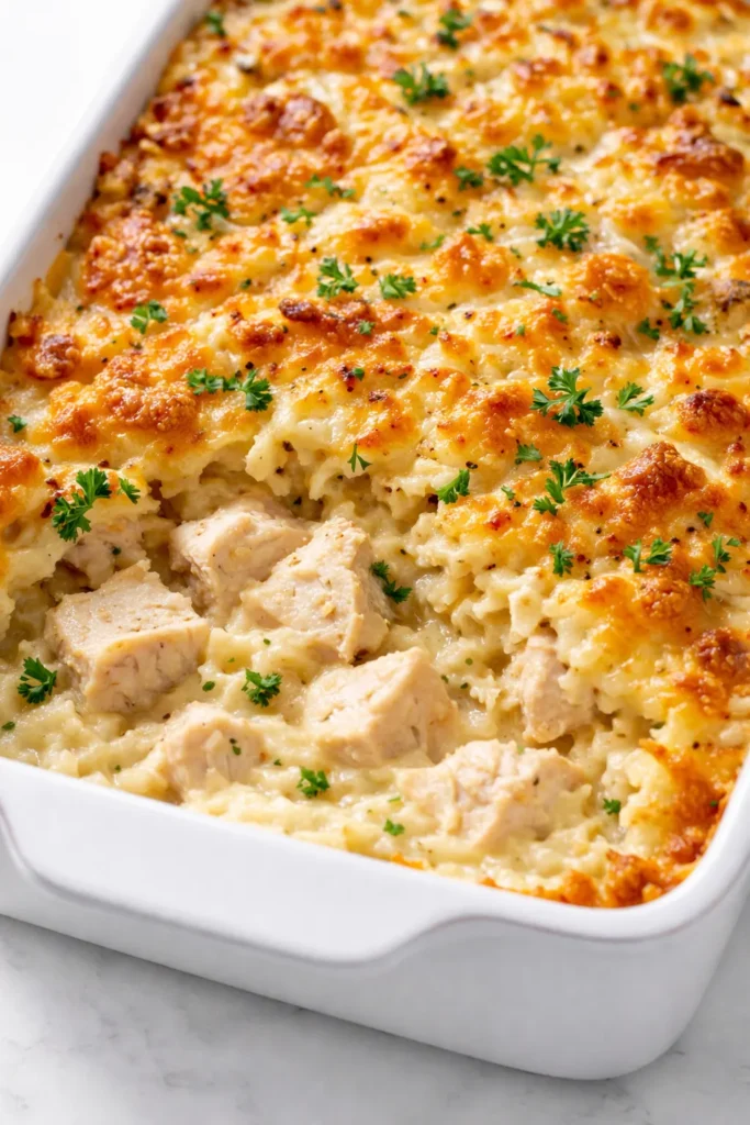 Golden brown Dolly Parton's easy 5-ingredient casserole in a baking dish, bubbly melted cheese and crispy edges.