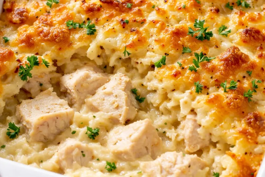 Golden brown Dolly Parton's easy 5-ingredient casserole in a baking dish, bubbly melted cheese and crispy edges.