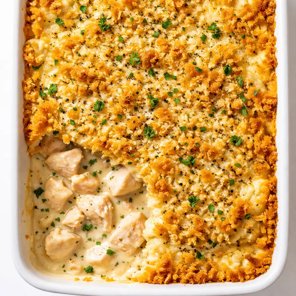 Layering shredded chicken, cream of chicken soup, and shredded cheese in a baking dish for Dolly Parton's easy 5-ingredient casserole, creamy and cheesy.