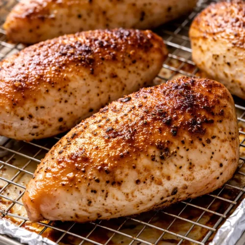Golden brown baked ranch chicken with crispy seasoned coating on a baking sheet.