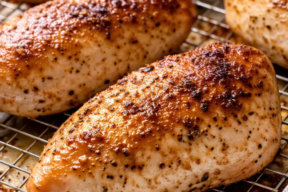 Golden brown baked ranch chicken with crispy seasoned coating on a baking sheet.